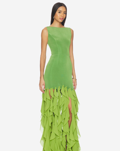 Marison Ruffled Fringe Maxi Dress- Fern Green