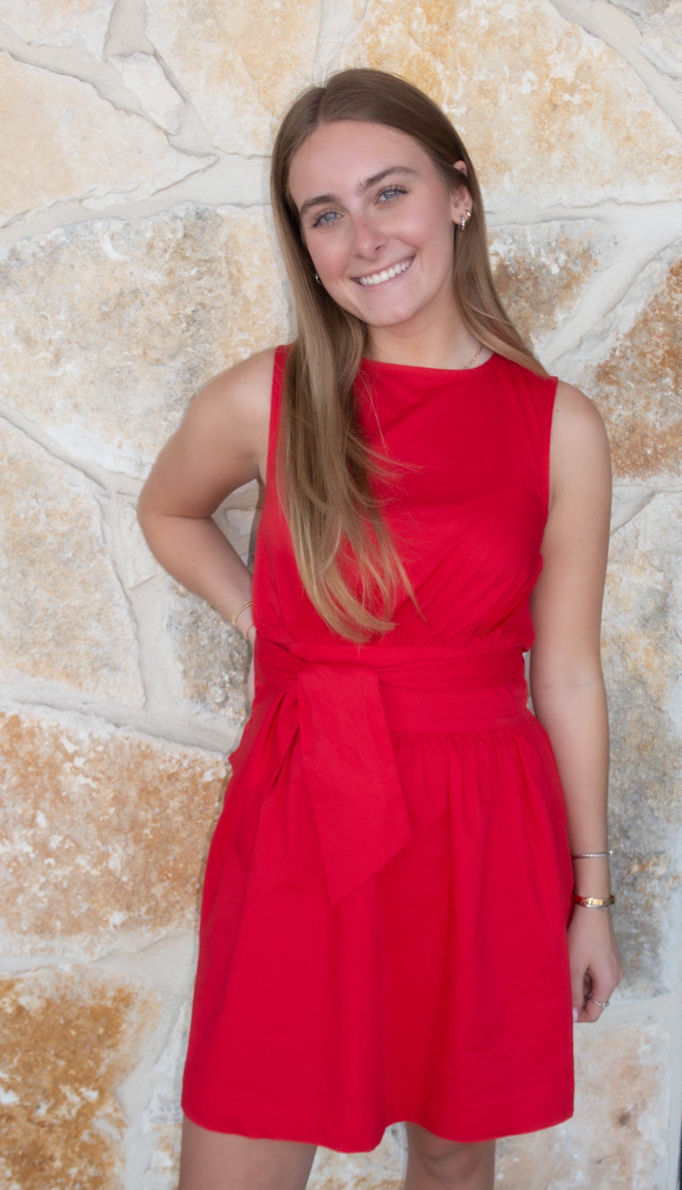 Red Poplin Belted Dress