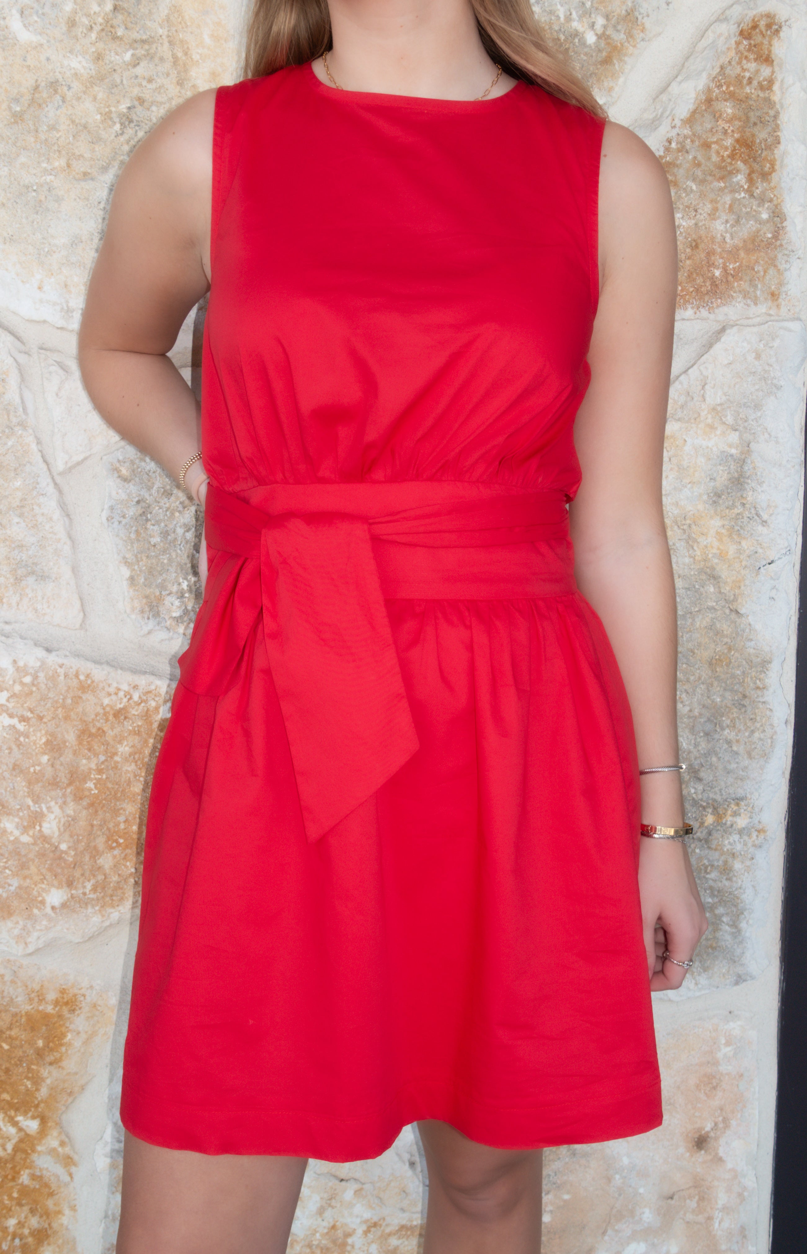 red poplin dress Red Poplin Belted Dress