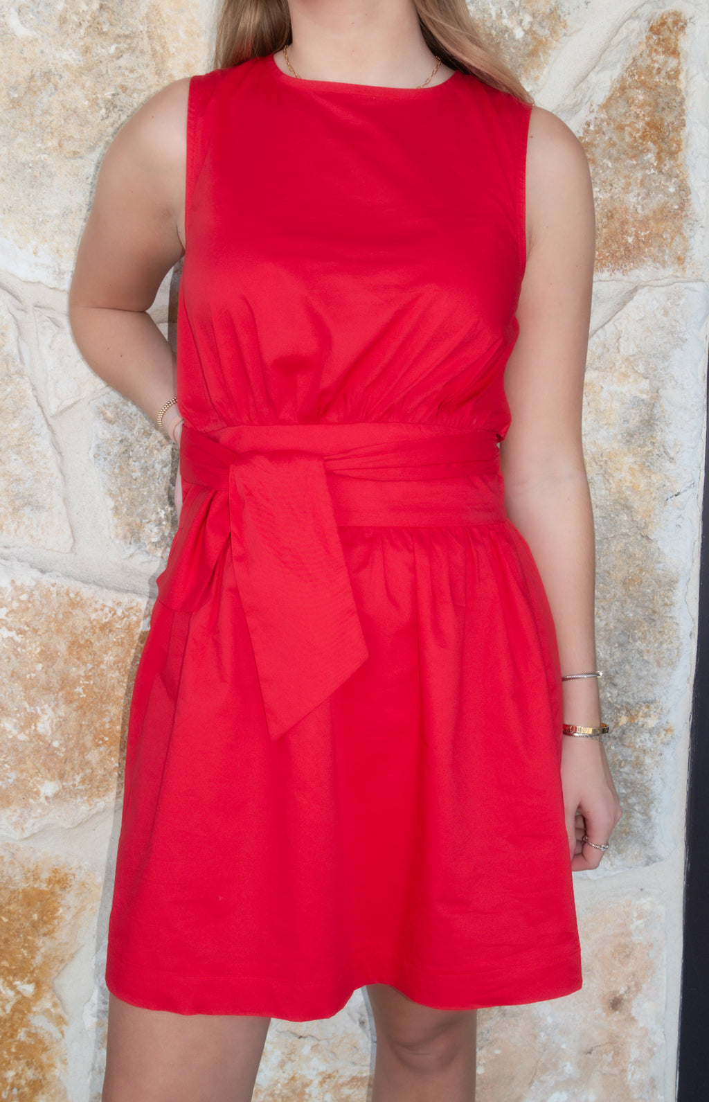 Red Poplin Belted Dress
