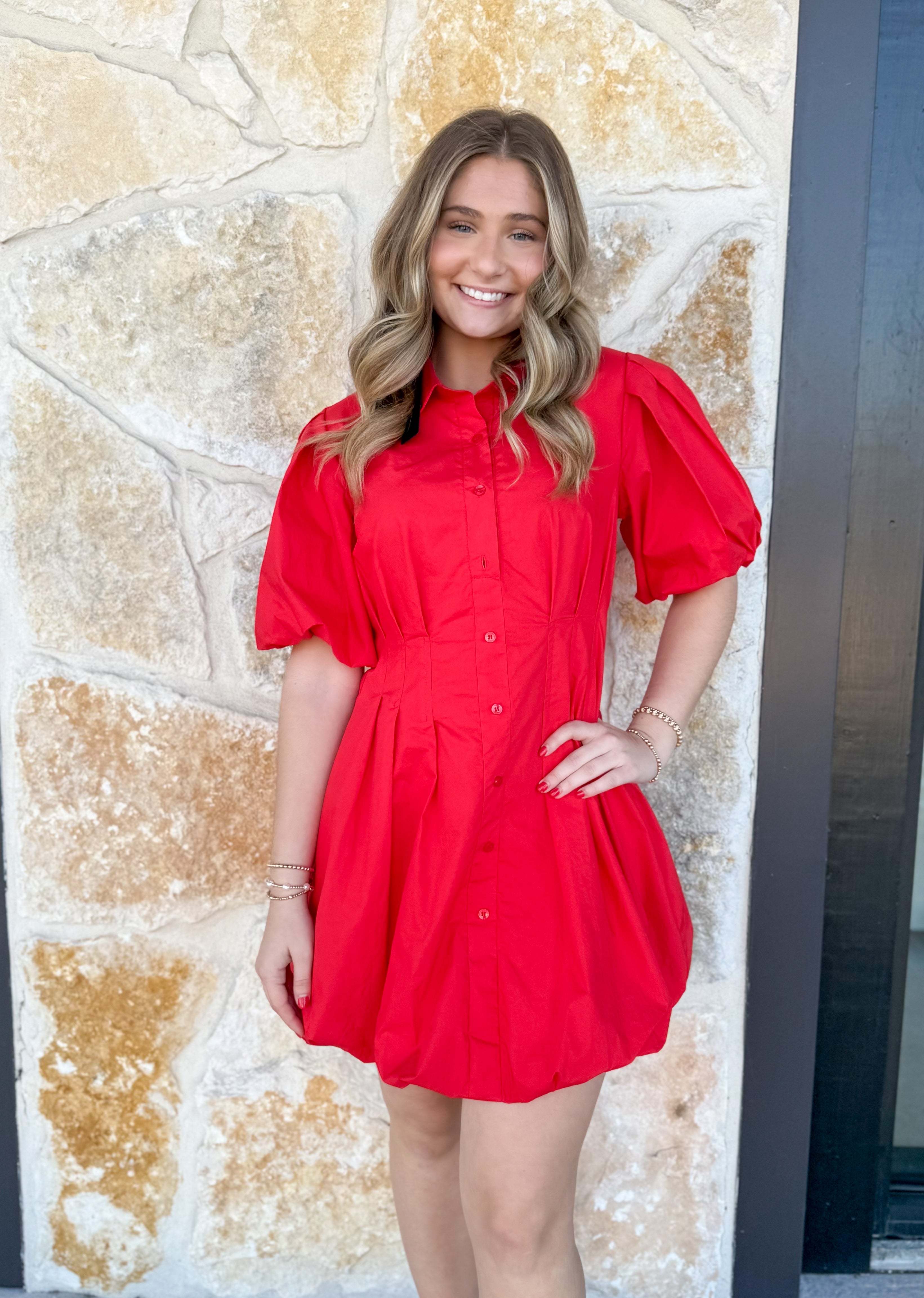 Poplin Balloon Dress- Red