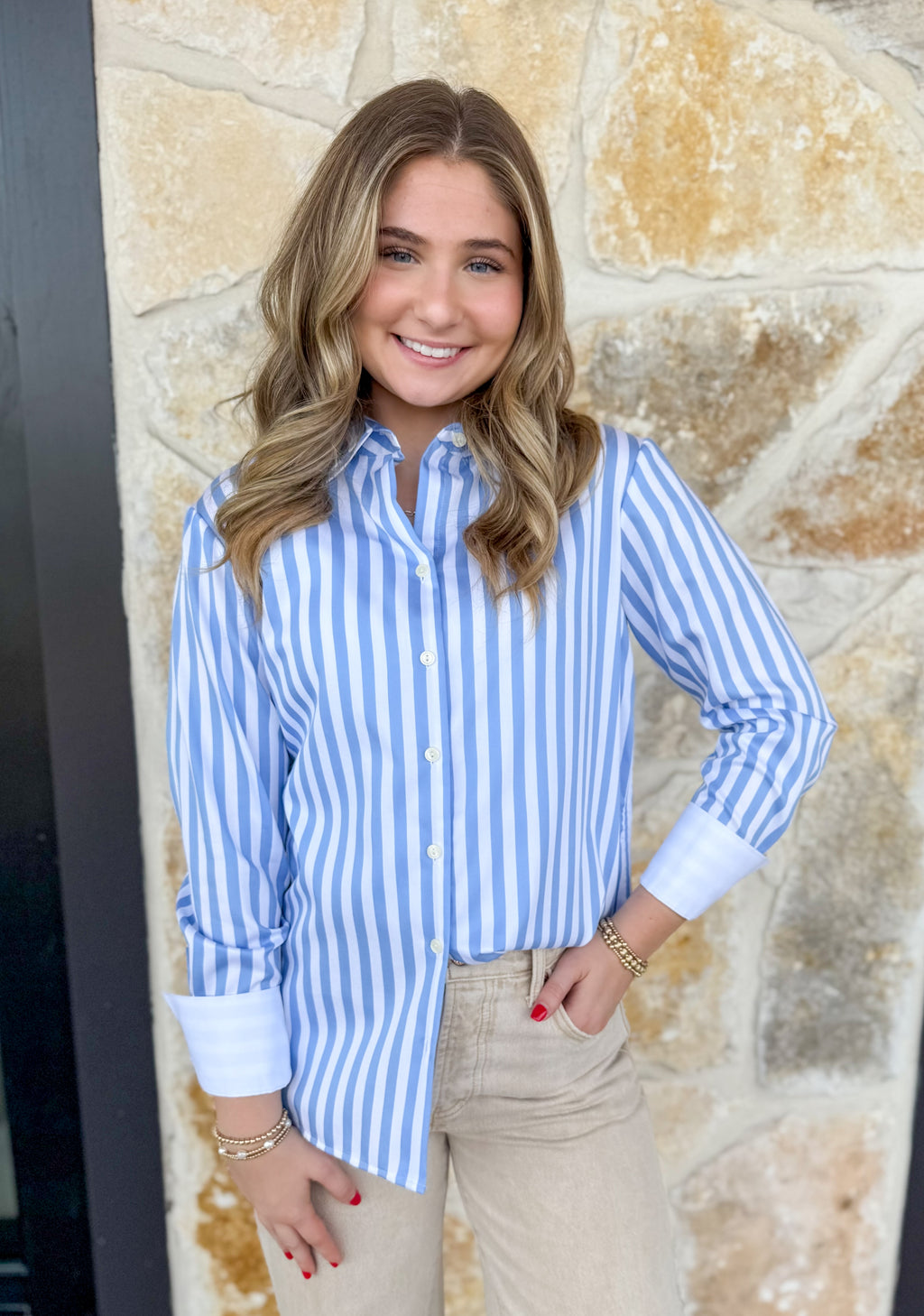 Margot Long Sleeve Striped Button Down- Blue