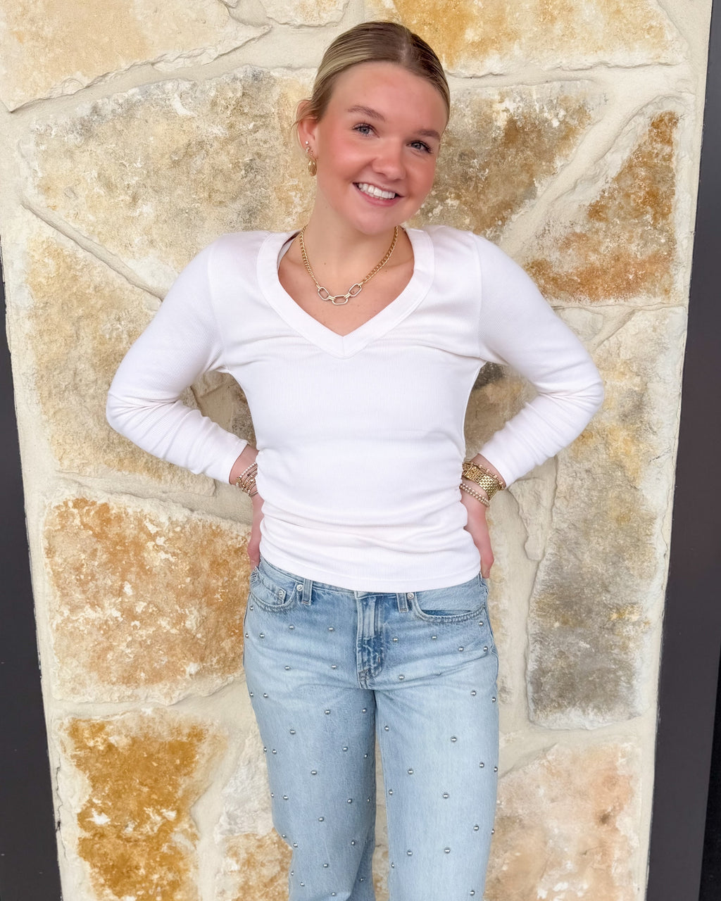 Enid 3/4 Sleeve V-Neck Tee- Chalk