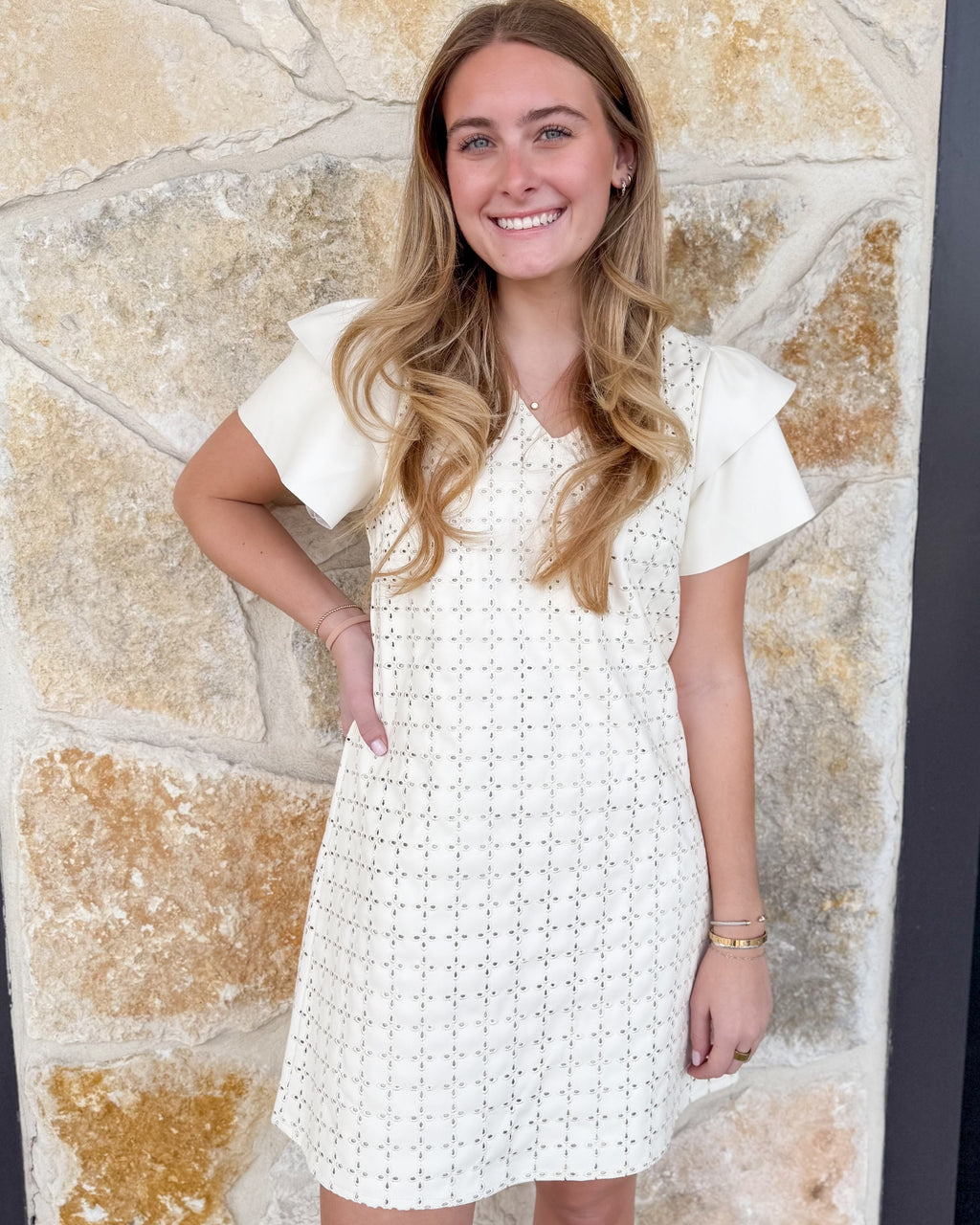 Leather Embroidered Flutter Sleeve Dress