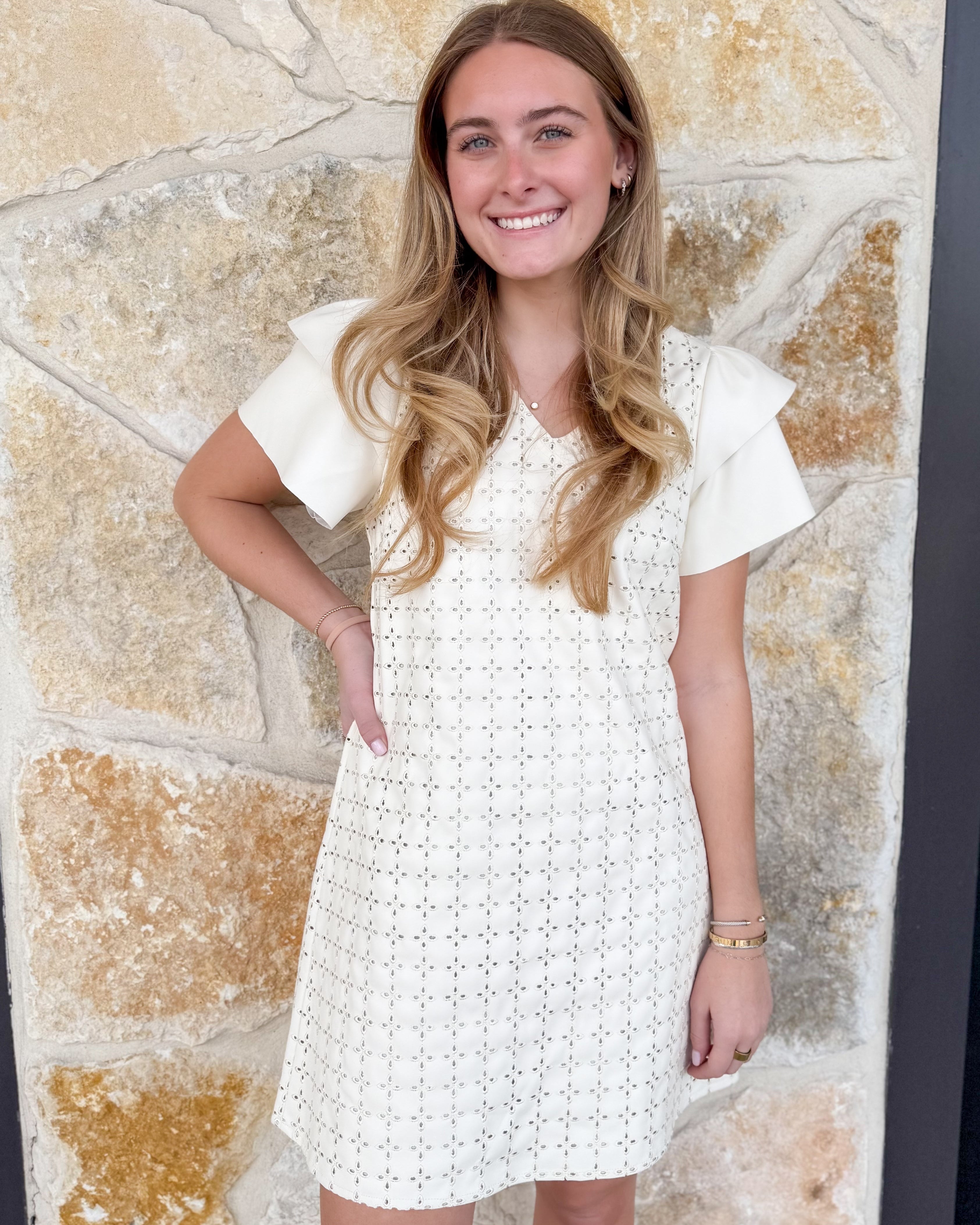 Leather Embroidered Flutter Sleeve Dress