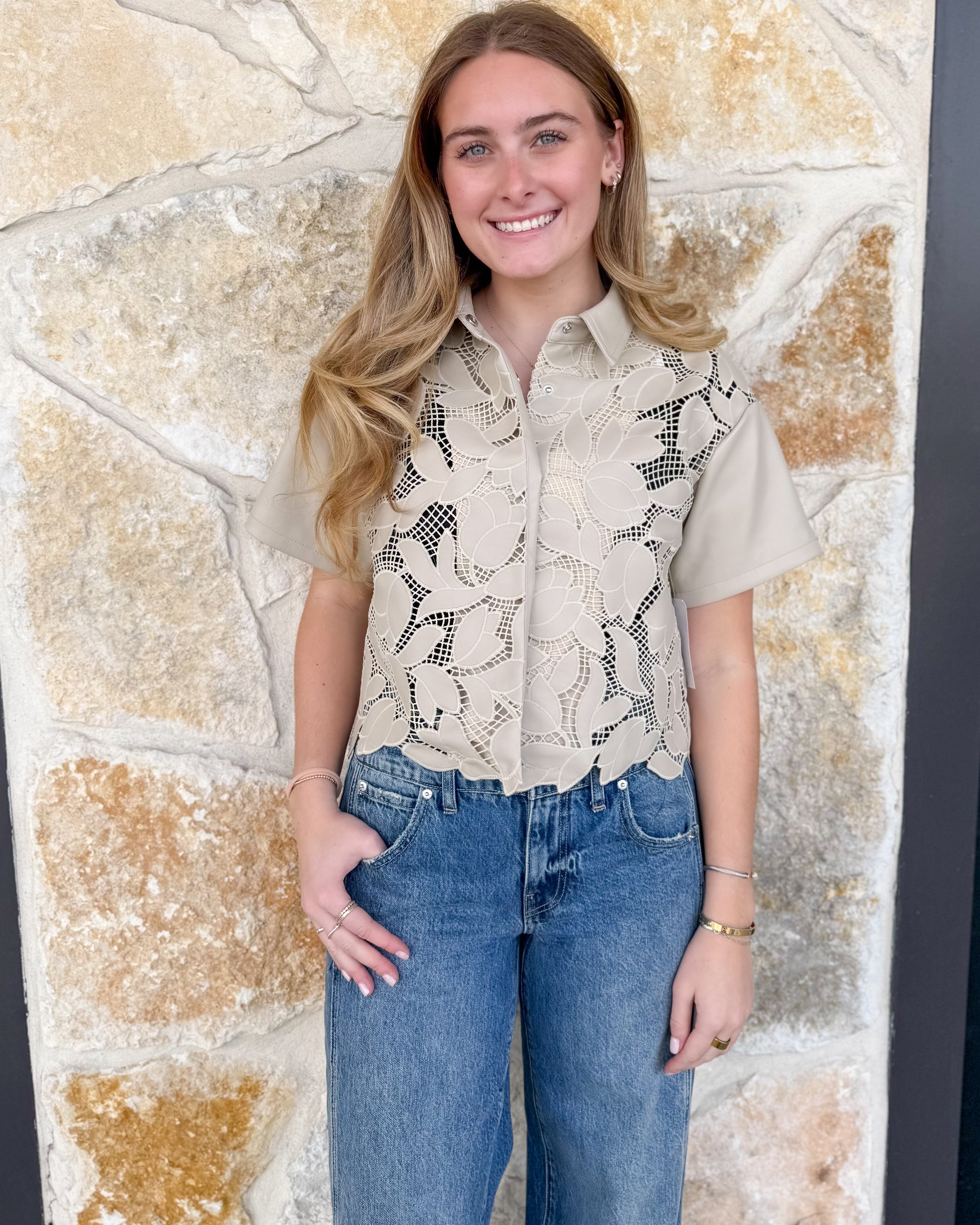 Leather Floral Cutout Top