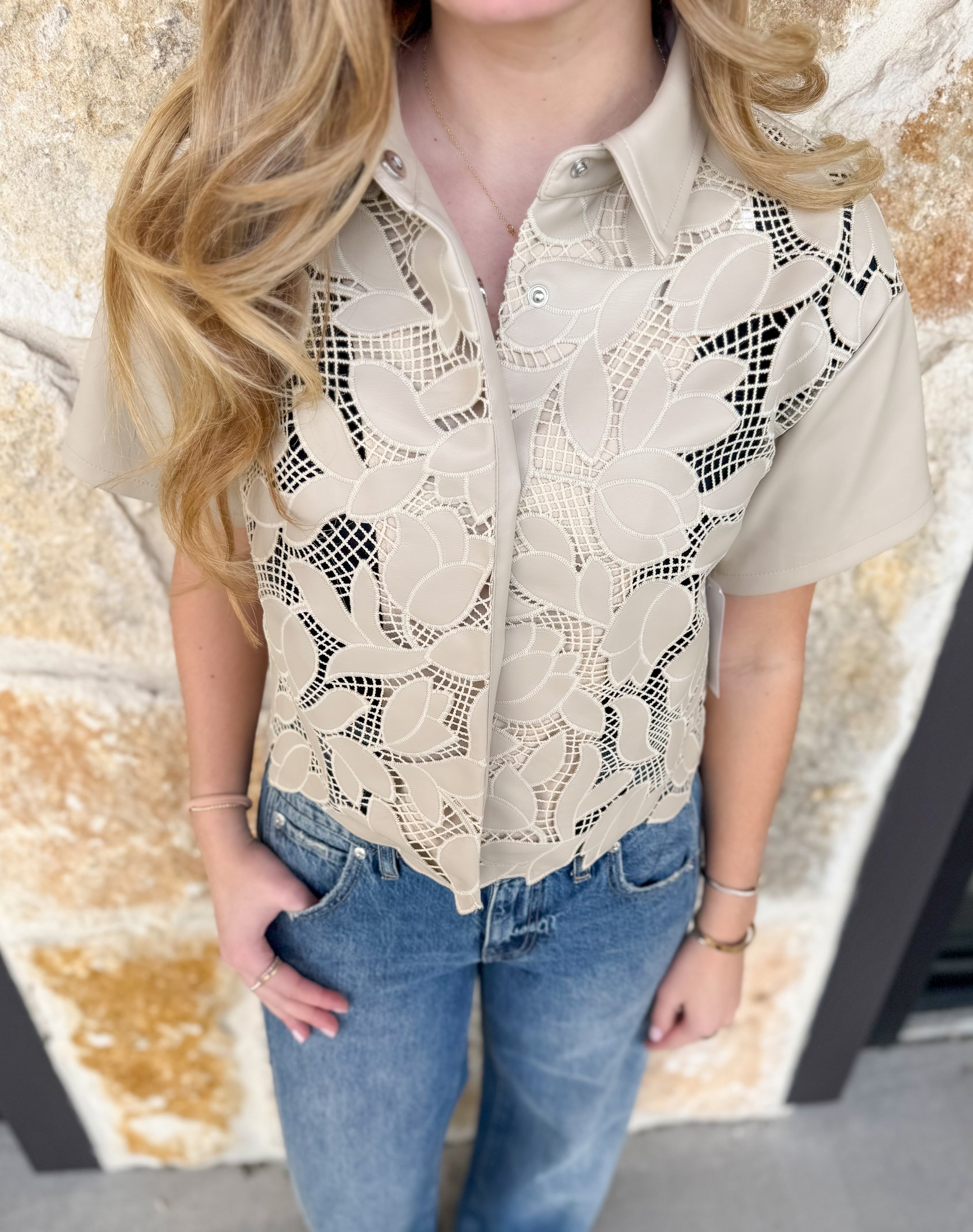 Leather Floral Cutout Top