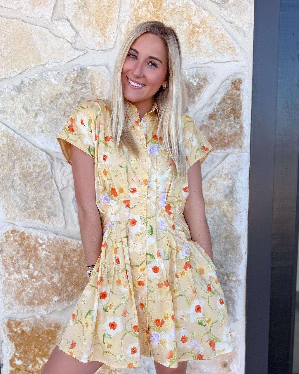 Yellow Pleated Floral Dress