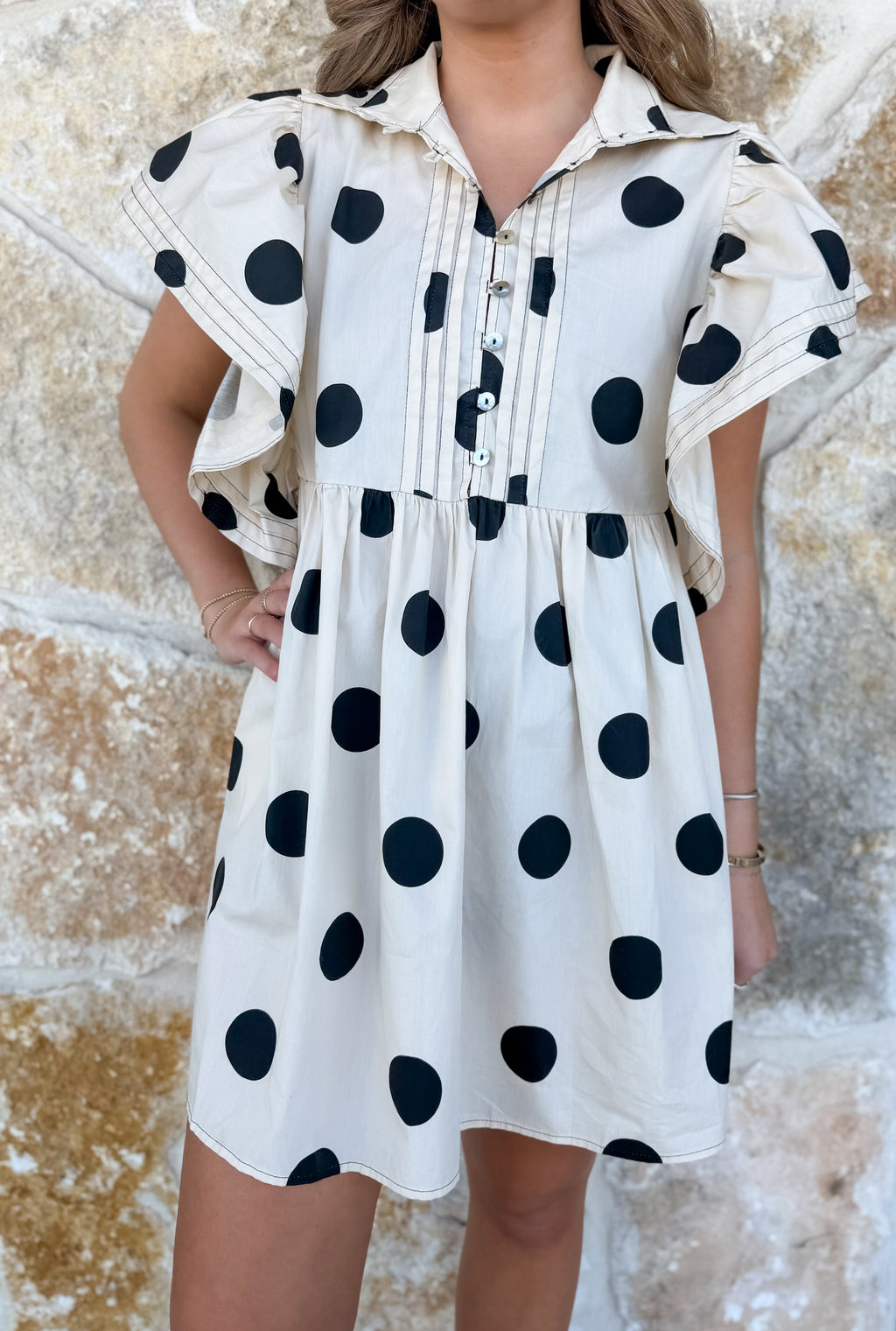Neutral Polka Dot Flutter Sleeve Dress