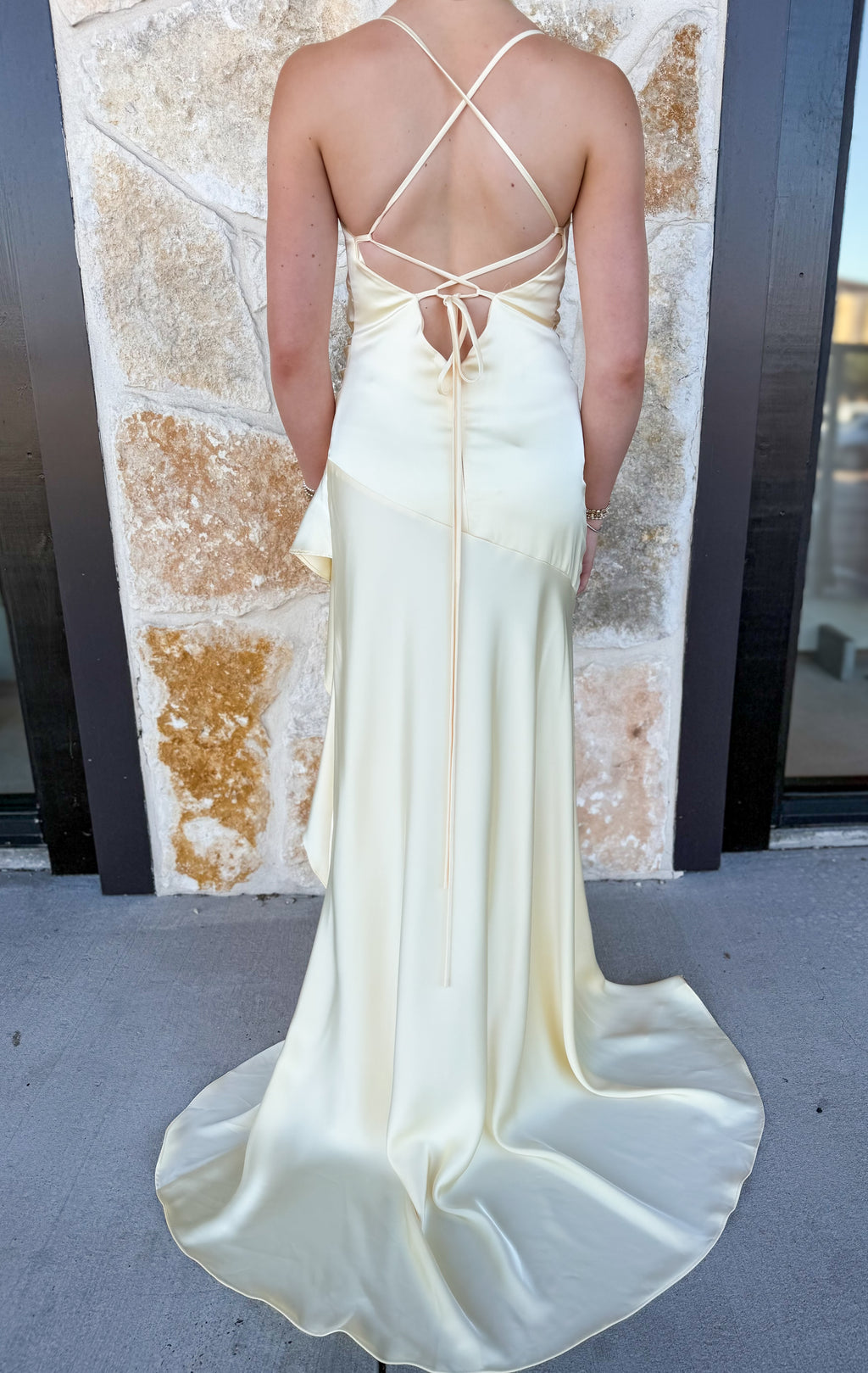Satin Cowl Slit Gown- Butter Yellow